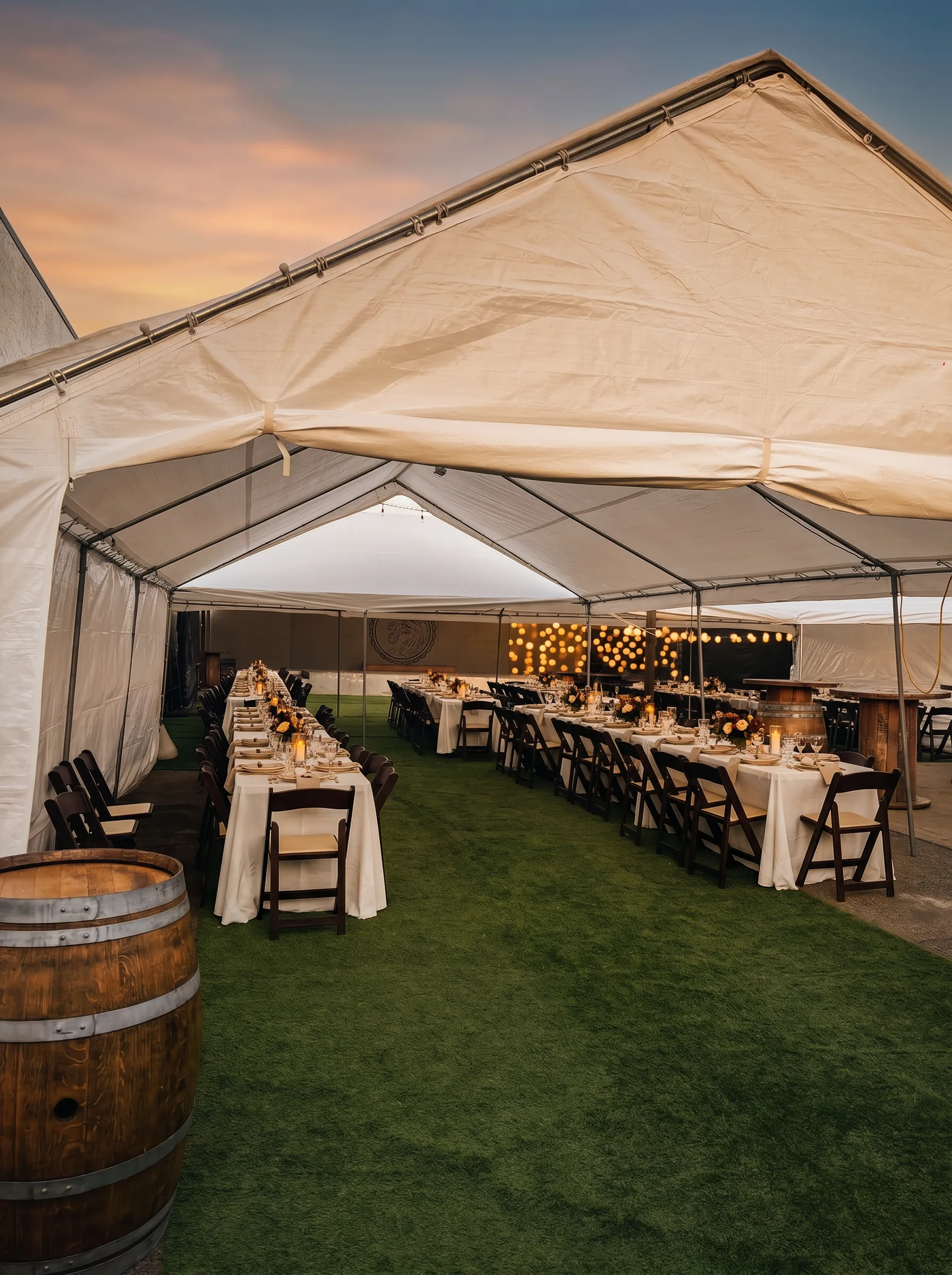 Long banquet tables set under the tent at golden hour