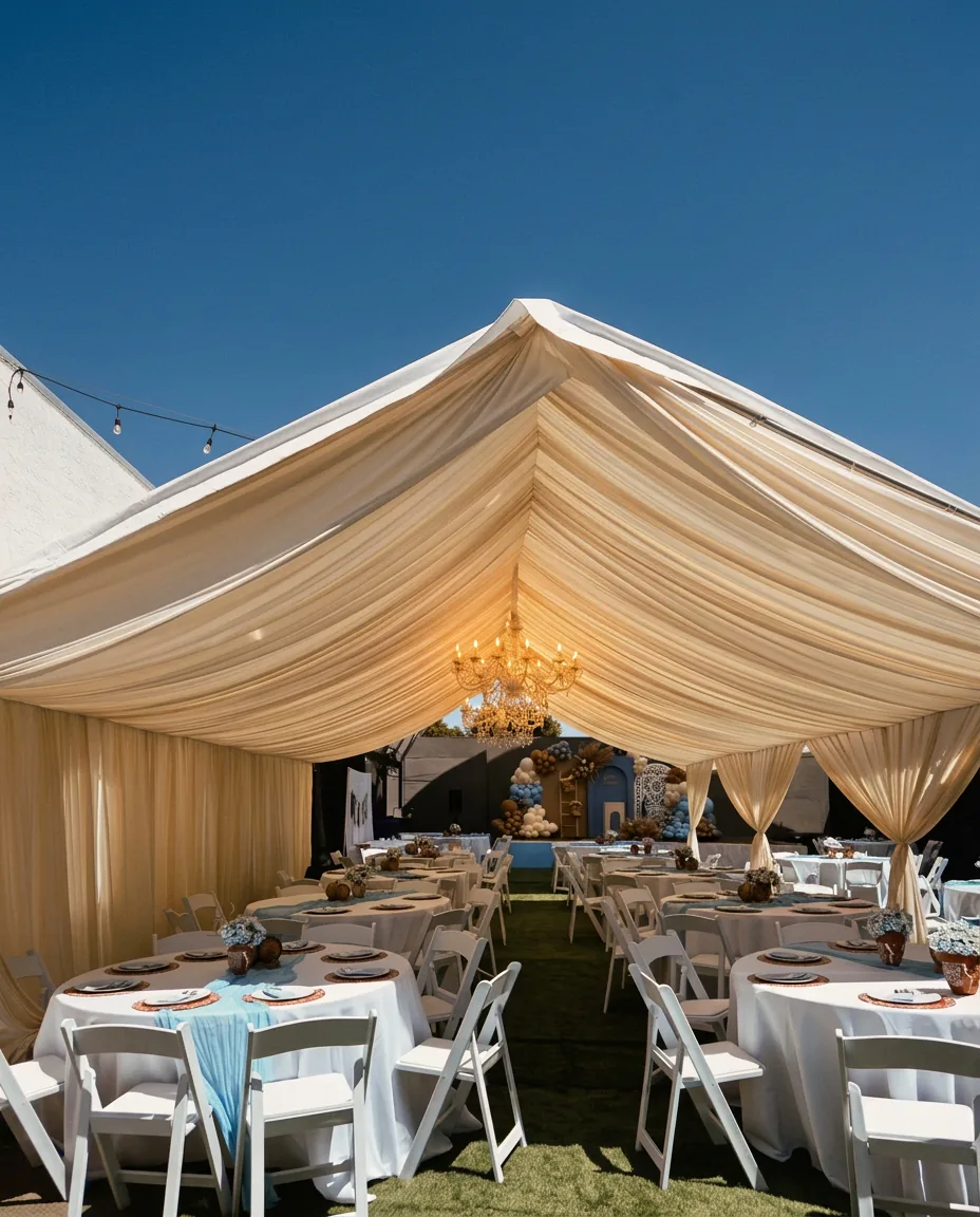 Draped luxury tent with chandelier at the Tipsy Sunday venue